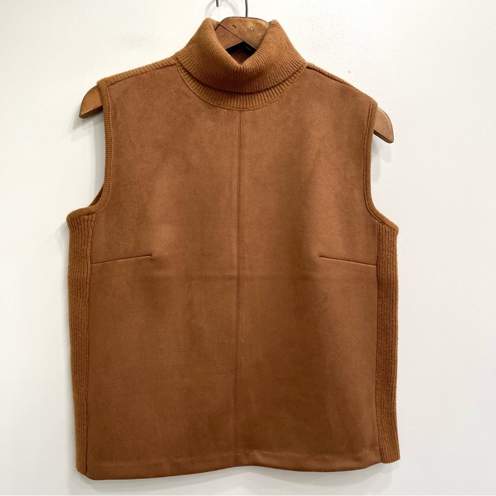Ann Taylor Faux Suede Mixed Media Turtleneck Sweater Sleeveless Ribbed Brown LG
